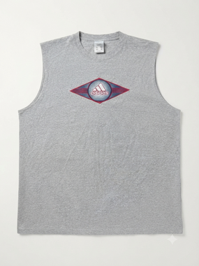 Adidas gray sleeveless graphic tee with retro logo print